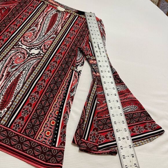 Chicos Boho Paisley Stretch Orange Red Bell Sleeve Blouse Top Size 2 US Large - Picture 6 of 11